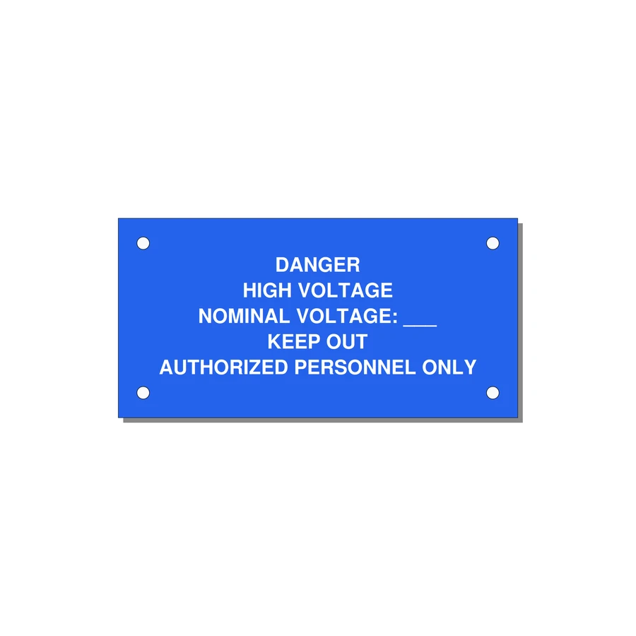 Danger High Voltage Label — 4x2" White on Blue, Holes