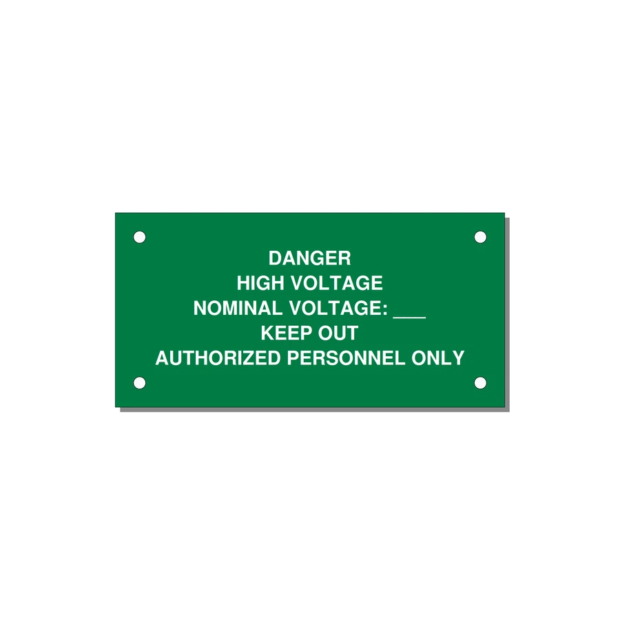 Danger High Voltage Label — 4x2" White on Green, Holes