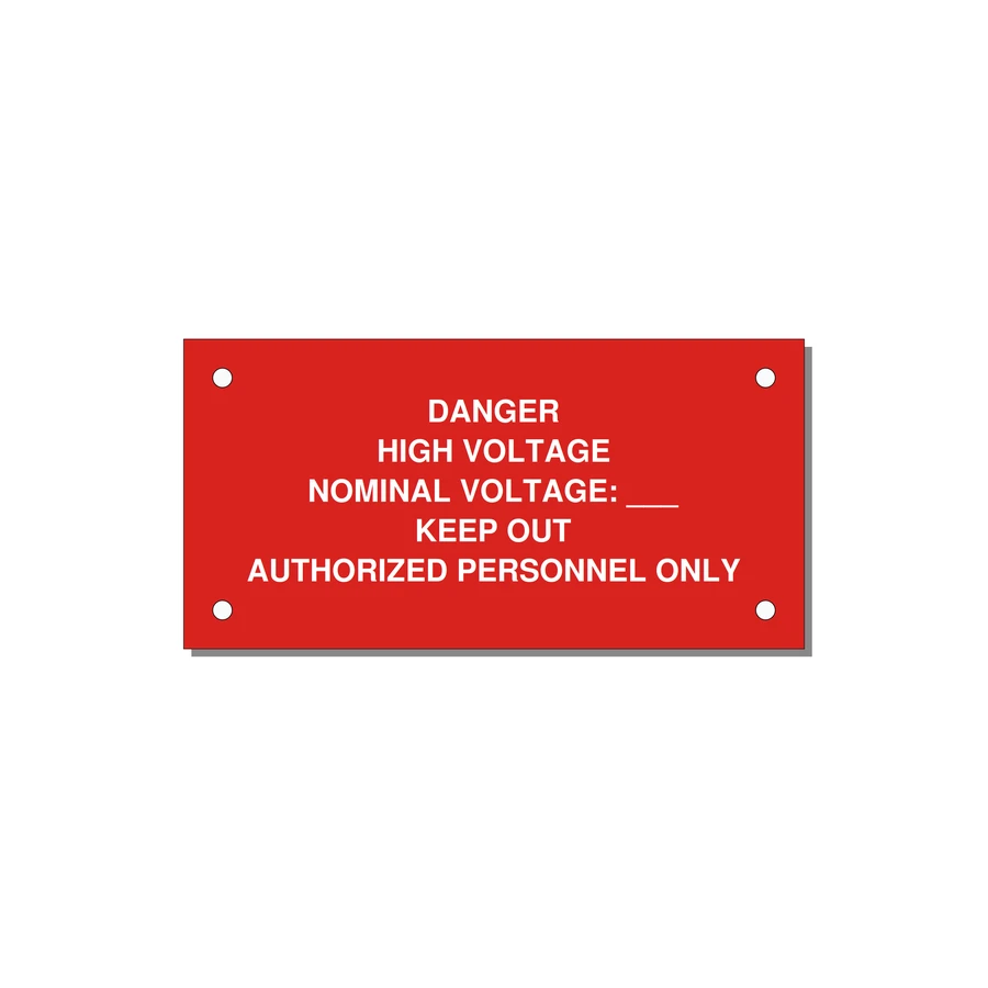Danger High Voltage Label — 4x2" White on Red, Holes