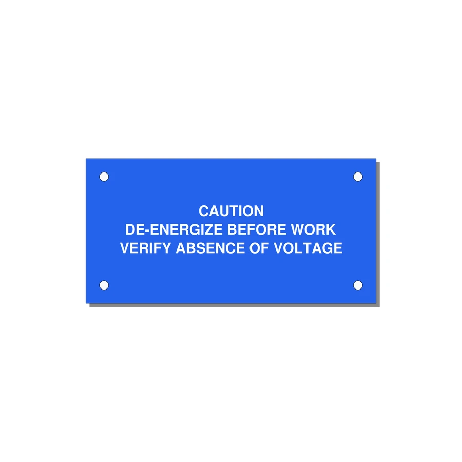 De-Energize Before Work Label — 4x2" White on Blue, Holes
