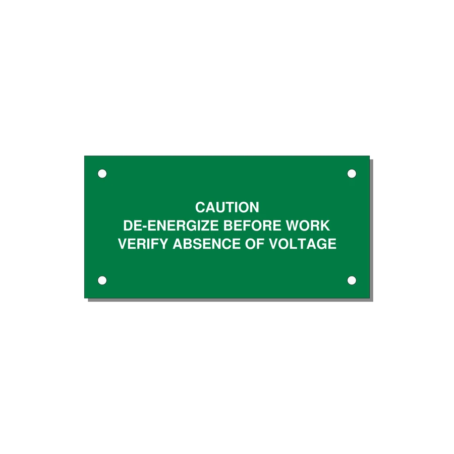 De-Energize Before Work Label — 4x2" White on Green, Holes
