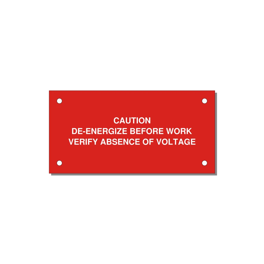 De-Energize Before Work Label — 4x2" White on Red, Holes