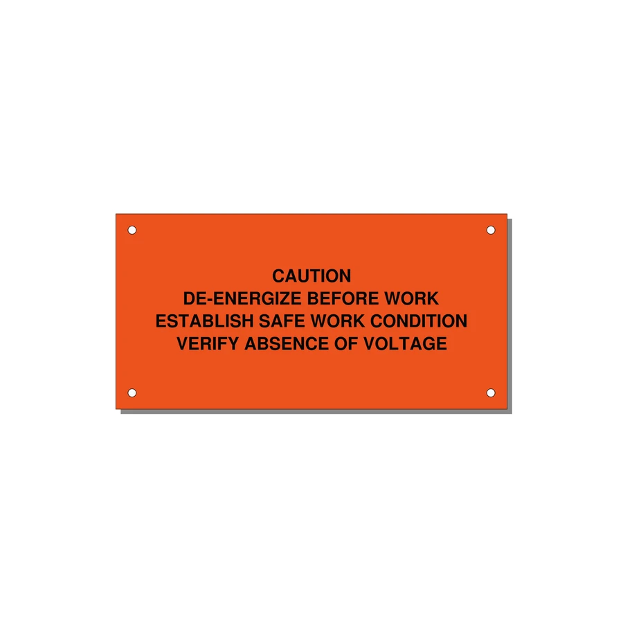 De-Energize Before Work Label — 6x3" Black on Orange, Holes