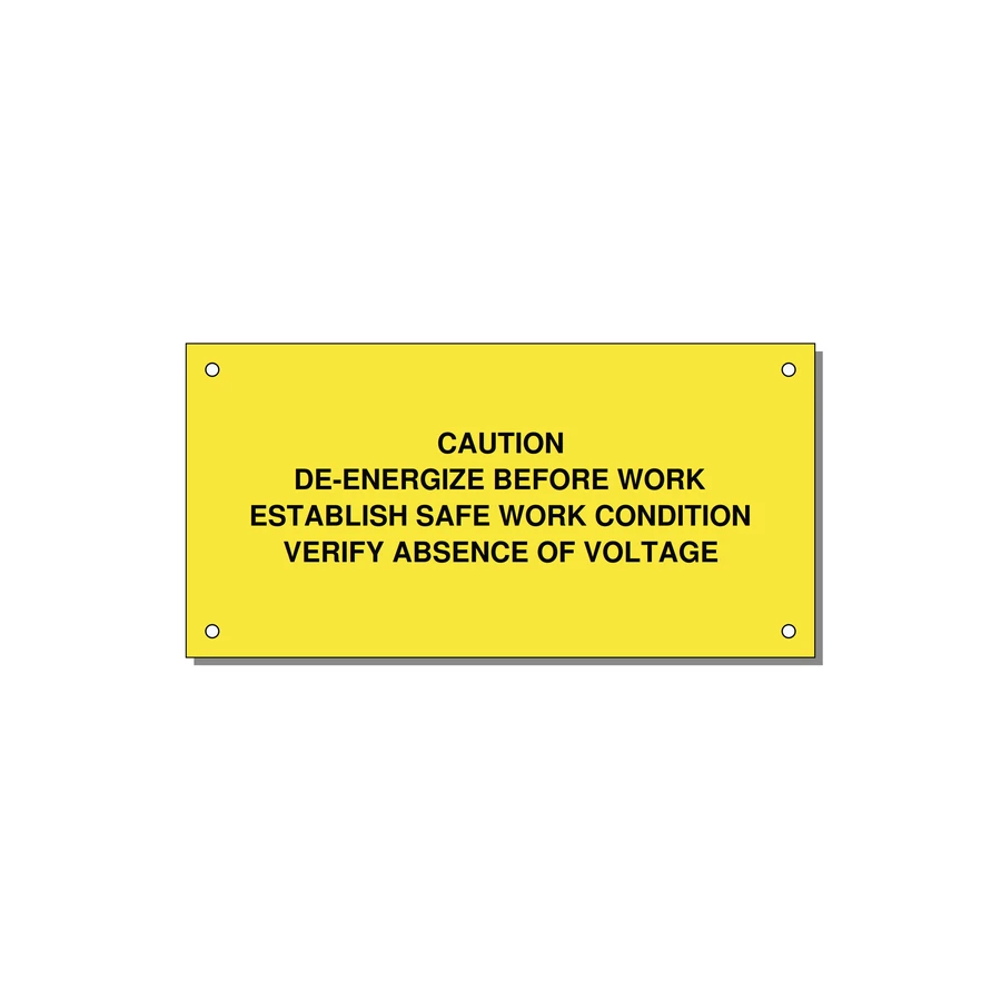 De-Energize Before Work Label — 6x3" Black on Yellow, Holes
