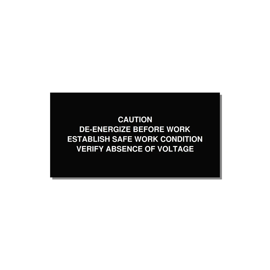 De-Energize Before Work Label — 6x3" White on Black, Adhesive
