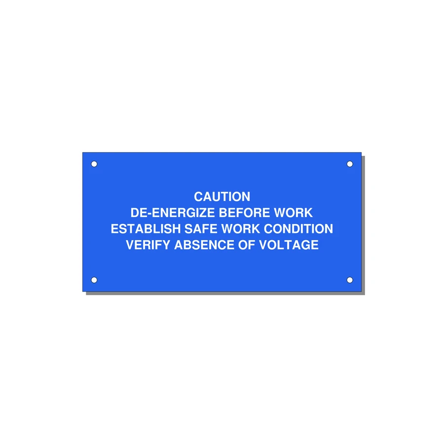 De-Energize Before Work Label — 6x3" White on Blue, Holes