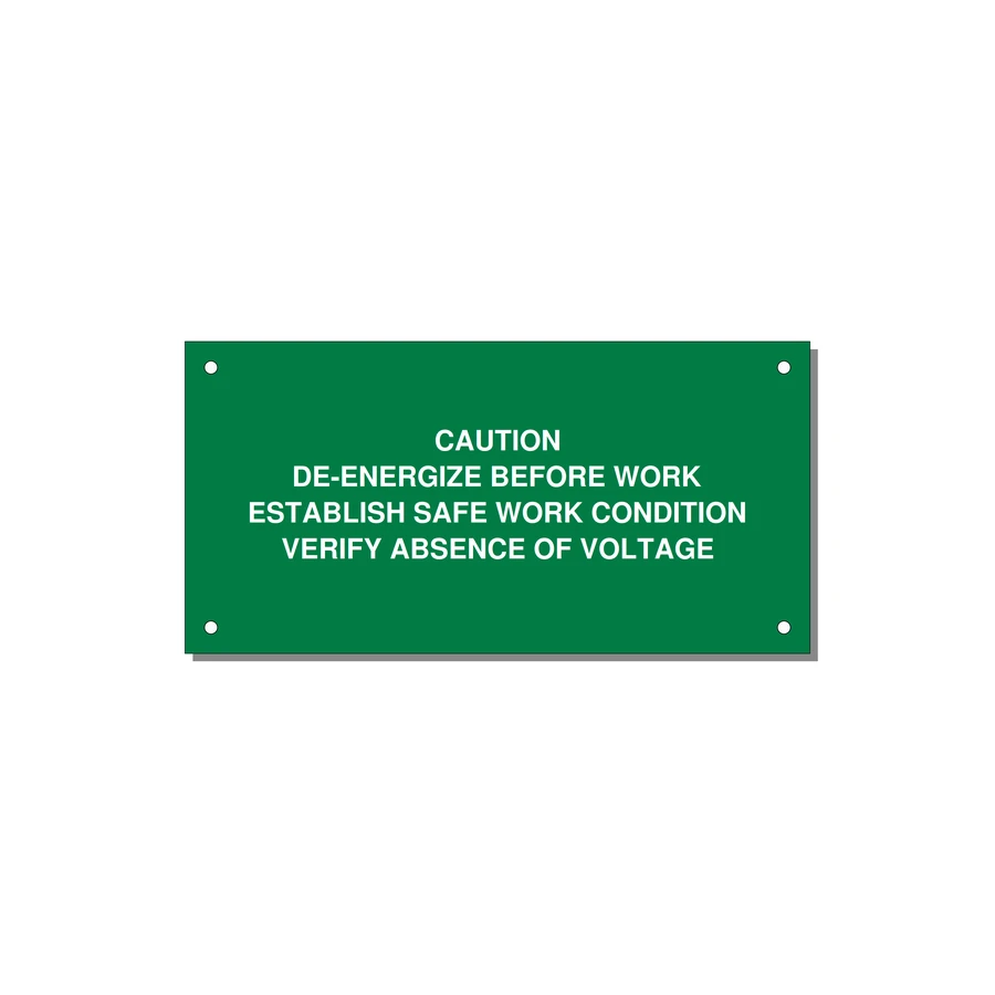 De-Energize Before Work Label — 6x3" White on Green, Holes