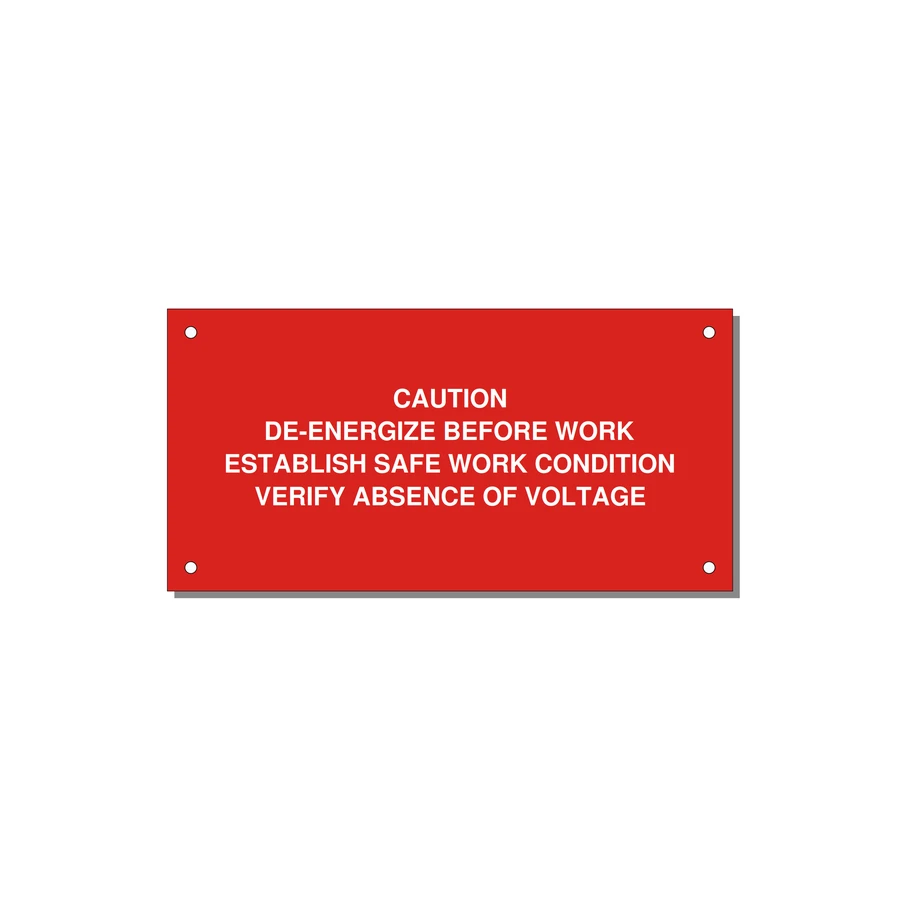 De-Energize Before Work Label — 6x3" White on Red, Holes