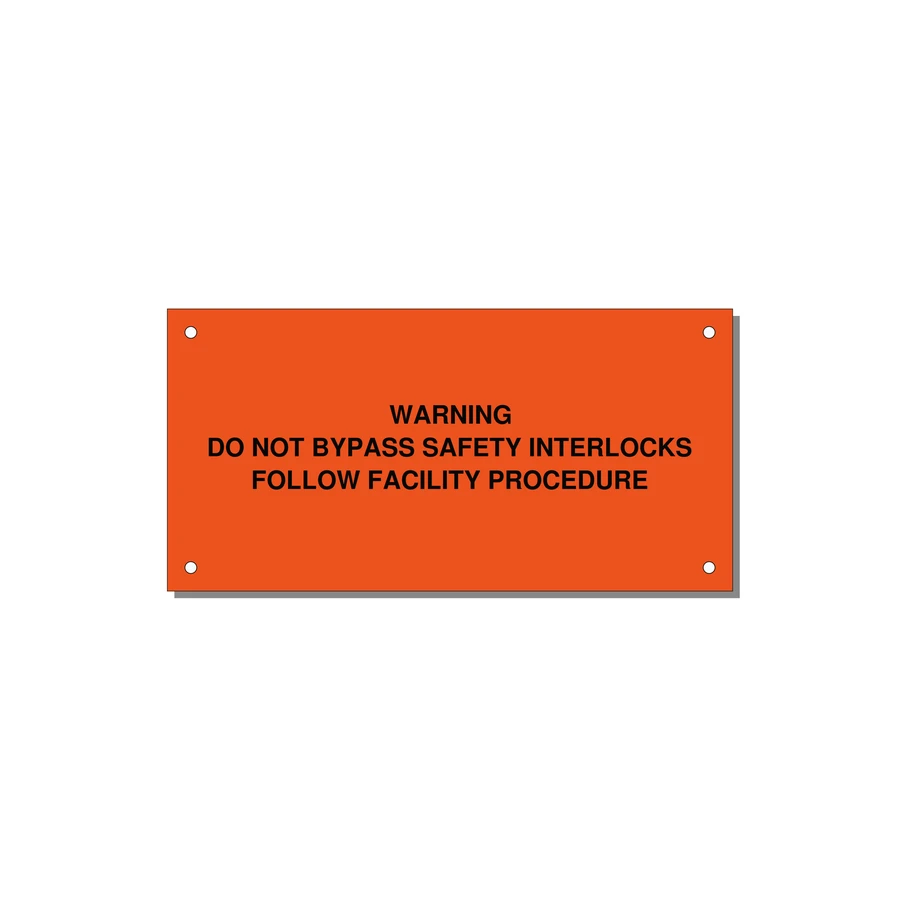 Do Not Bypass Safety Interlocks Label — 6x3" Black on Orange, Holes