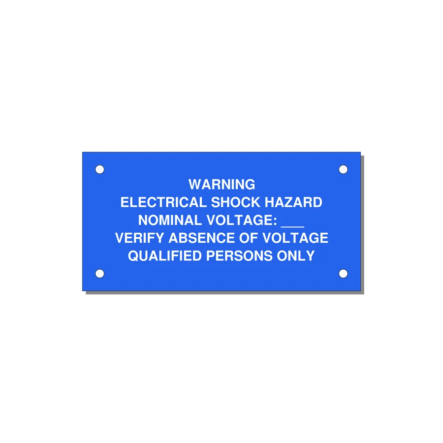 Electrical Shock Hazard Label — 4x2" White on Blue, Holes