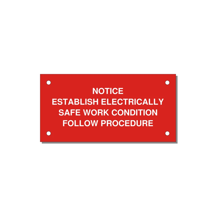 Establish Electrically Safe Work Condition Label — 4x2" White on Red, Holes