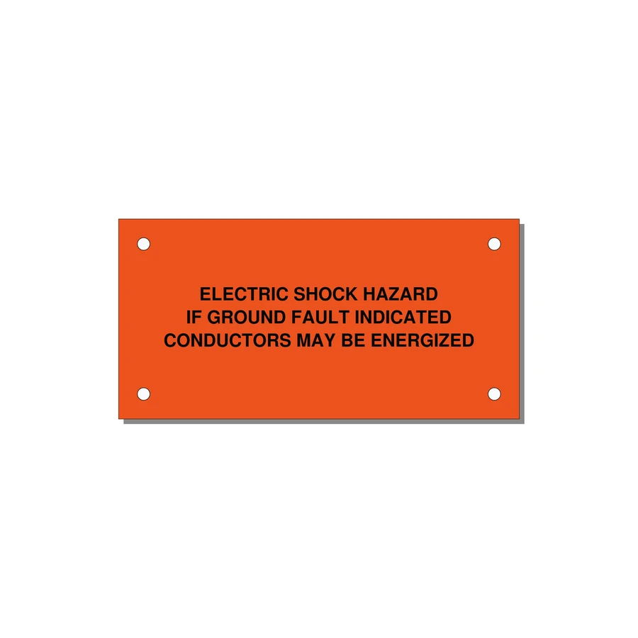 Ground Fault Warning Label — 4x2" Black on Orange, Holes