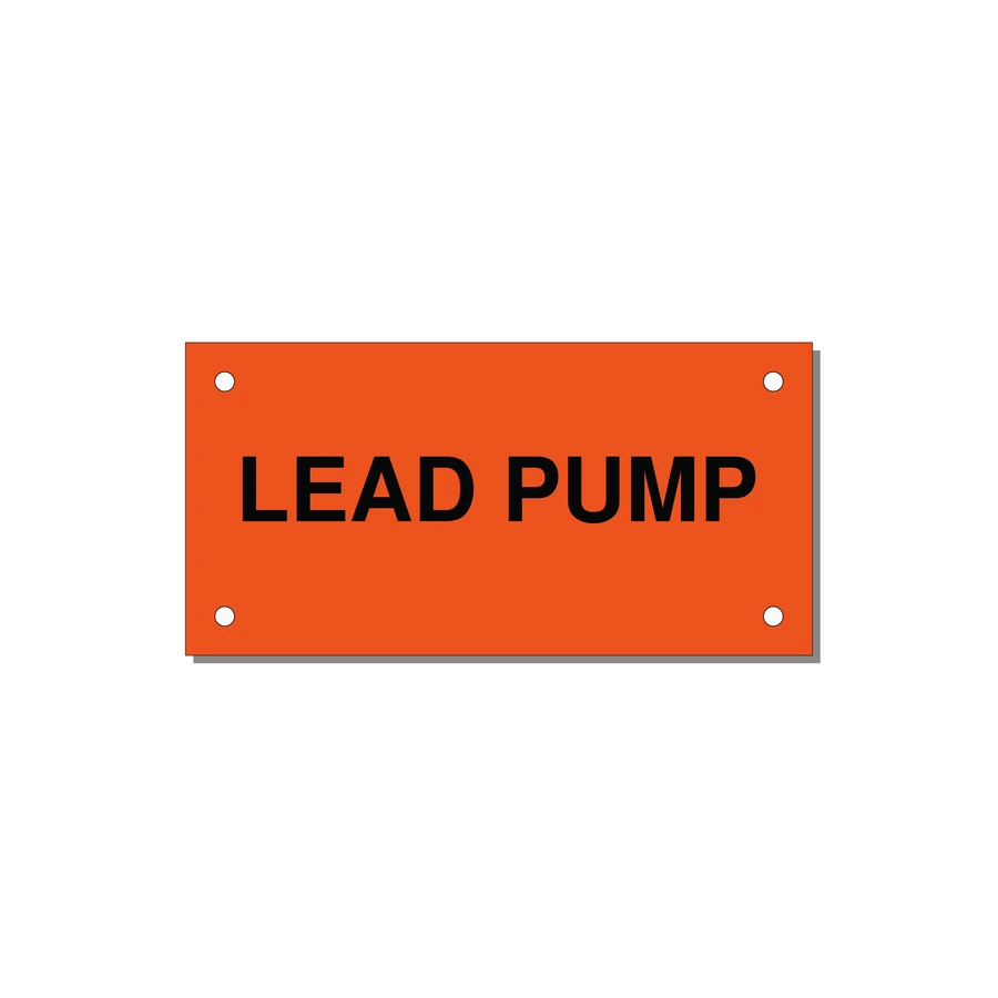 Lead Pump Label – OEM Water Systems — 4x2" Black on Orange, Holes