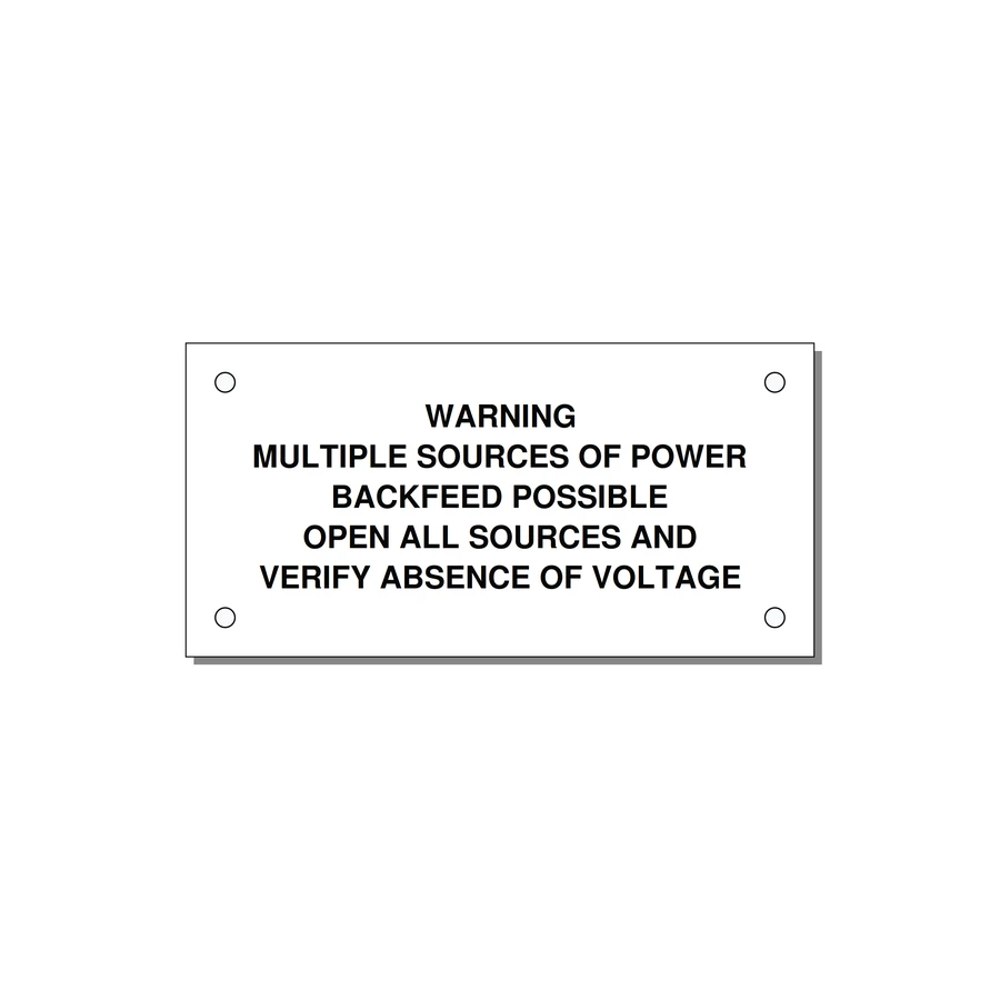 Multiple Power Sources Label (Backfeed Warning) — 4x2" Black on White, Holes