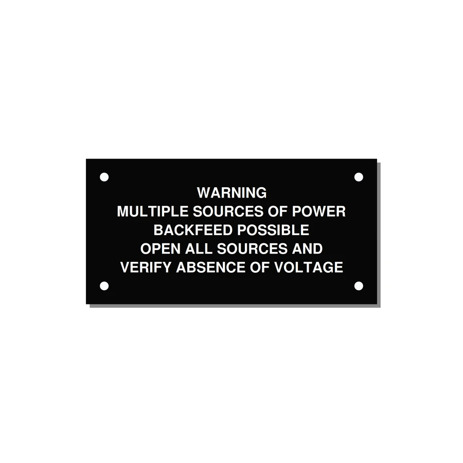 Multiple Power Sources Label (Backfeed Warning) — 4x2" White on Black, Holes