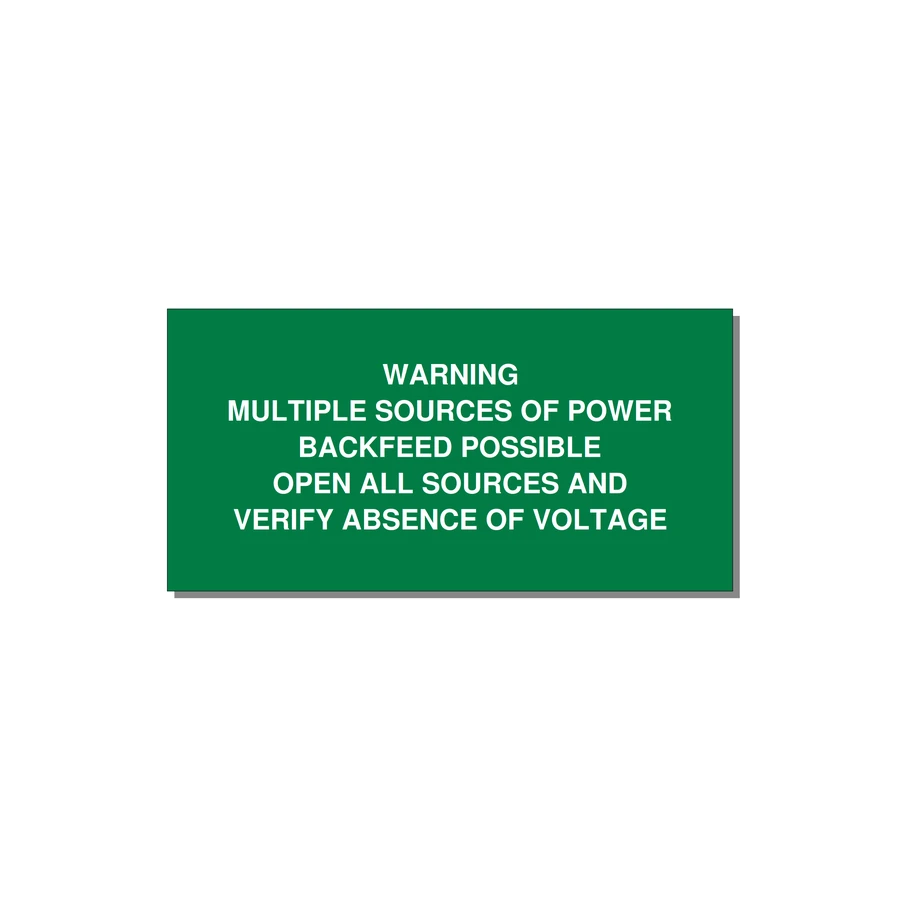 Multiple Power Sources Label (Backfeed Warning) — 4x2" White on Green, Adhesive