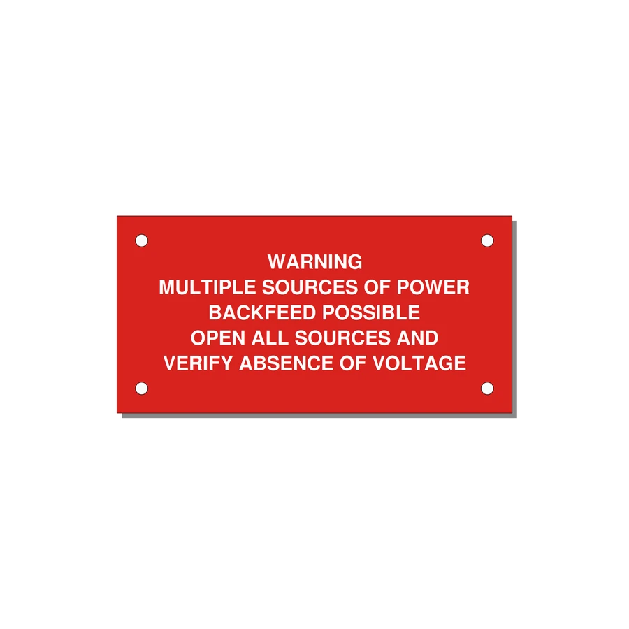 Multiple Power Sources Label (Backfeed Warning) — 4x2" White on Red, Holes