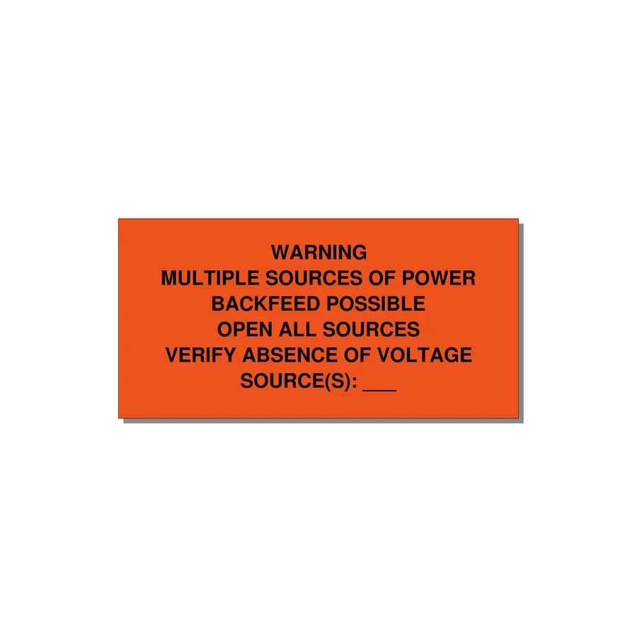 Multiple Power Sources Label (Backfeed Warning) — 6x3" Black on Orange, Adhesive