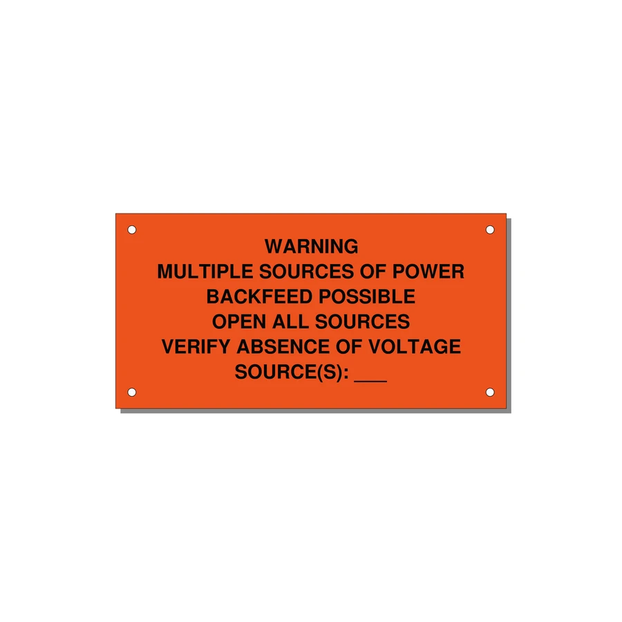 Multiple Power Sources Label (Backfeed Warning) — 6x3" Black on Orange, Holes