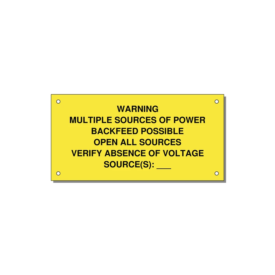 Multiple Power Sources Label (Backfeed Warning) — 6x3" Black on Yellow, Holes