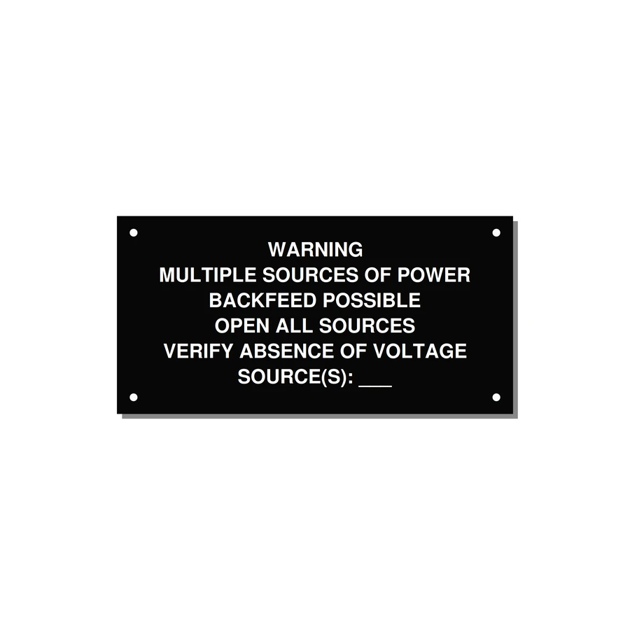 Multiple Power Sources Label (Backfeed Warning) — 6x3" White on Black, Holes