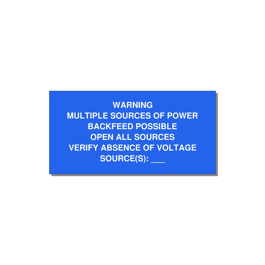 Multiple Power Sources Label (Backfeed Warning) — 6x3" White on Blue, Adhesive