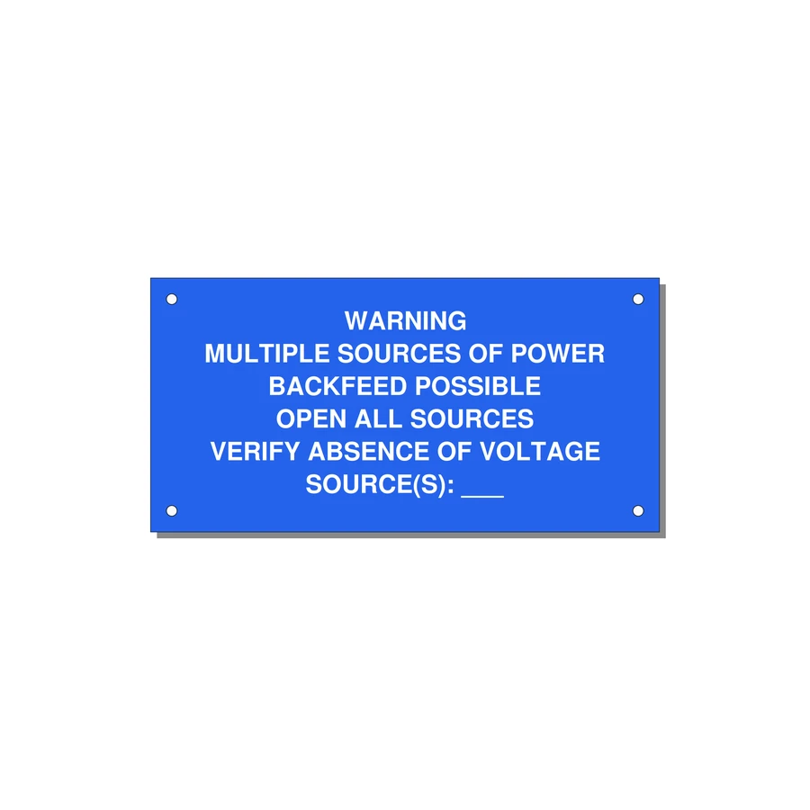 Multiple Power Sources Label (Backfeed Warning) — 6x3" White on Blue, Holes