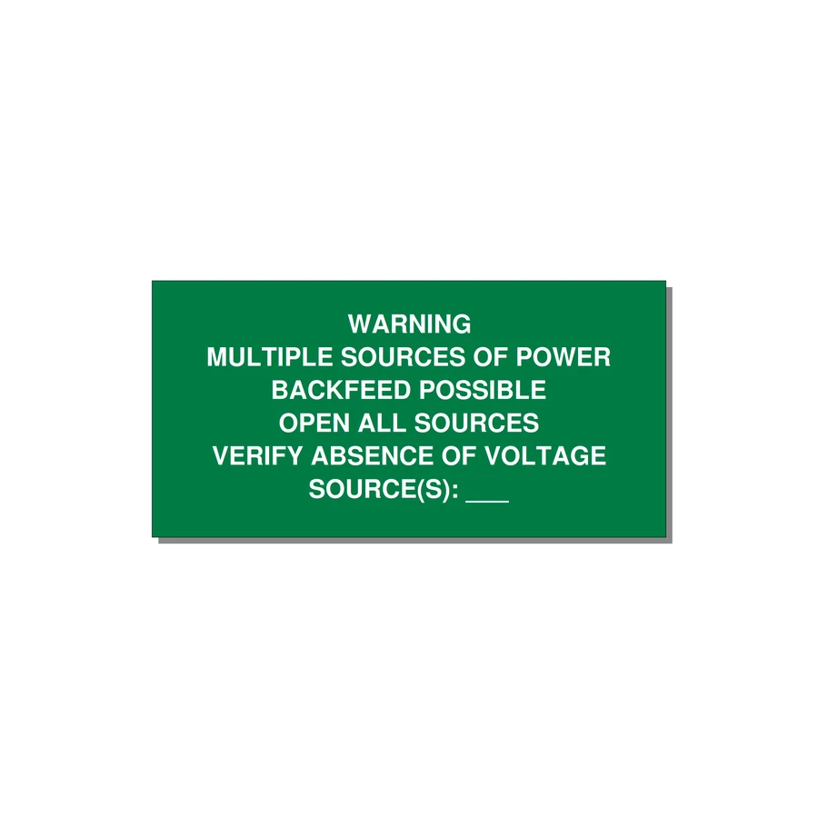 Multiple Power Sources Label (Backfeed Warning) — 6x3" White on Green, Adhesive