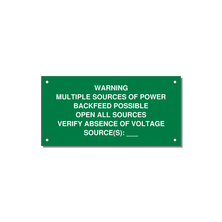Multiple Power Sources Label (Backfeed Warning) — 6x3" White on Green, Holes