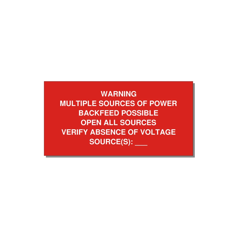 Multiple Power Sources Label (Backfeed Warning) — 6x3" White on Red, Adhesive