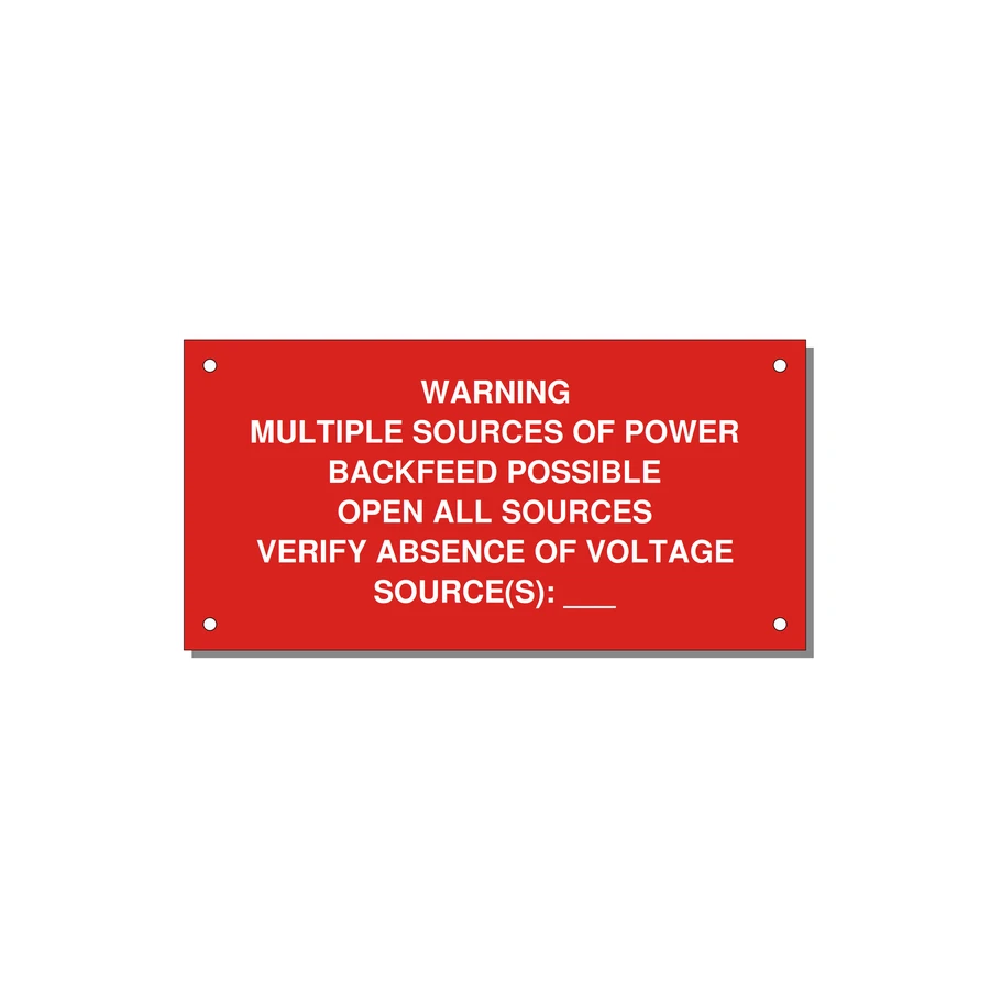 Multiple Power Sources Label (Backfeed Warning) — 6x3" White on Red, Holes