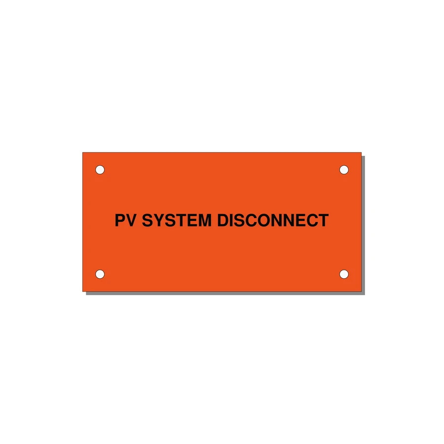 PV System DC Disconnect Label — 4x2" Black on Orange, Holes