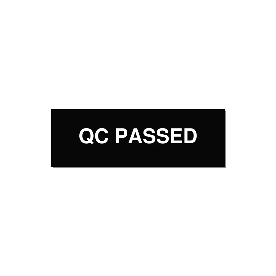 QC Passed Label – OEM Manufacturing — 3x1" White on Black, Adhesive
