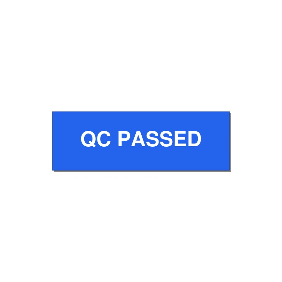 QC Passed Label – OEM Manufacturing — 3x1" White on Blue, Adhesive