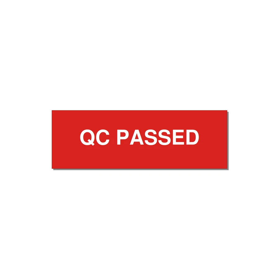 QC Passed Label – OEM Manufacturing — 3x1" White on Red, Adhesive