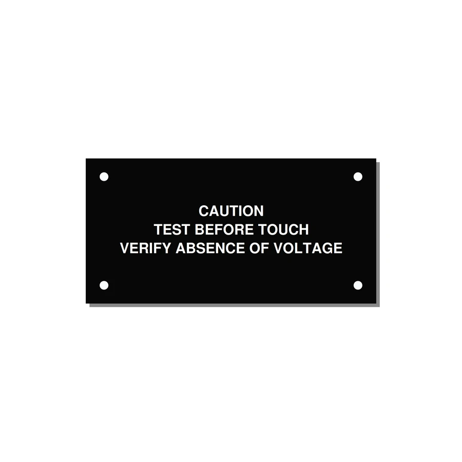 Test Before Touch Label — 4x2" White on Black, Holes