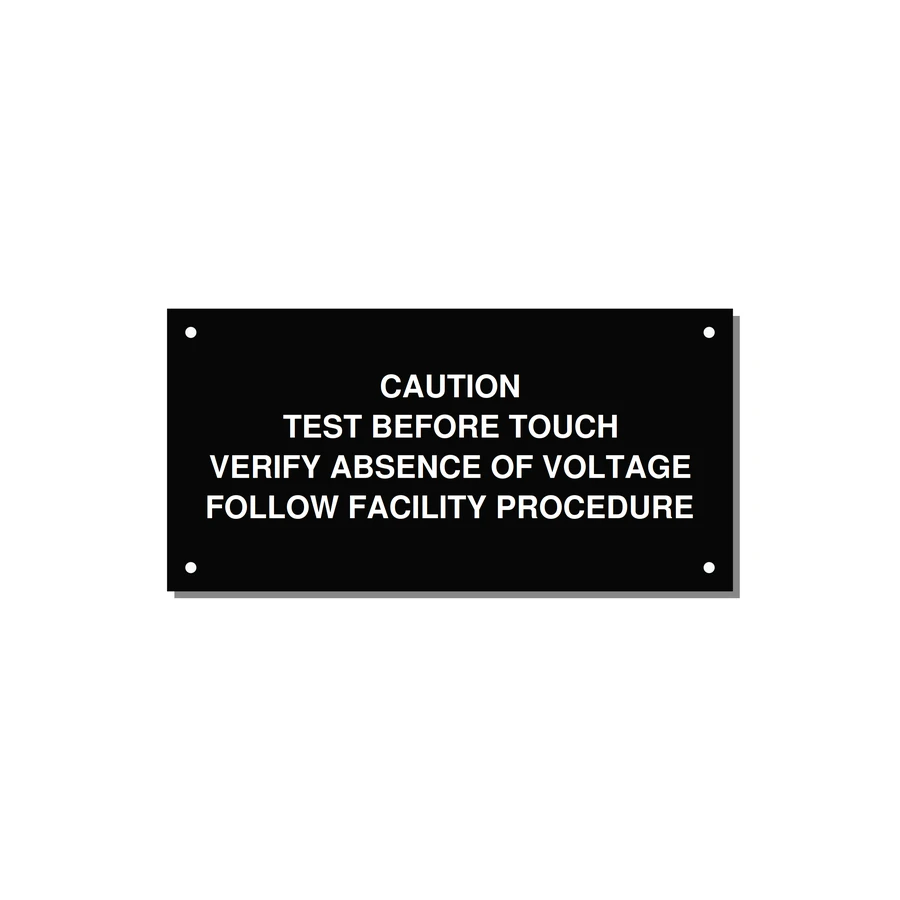 Test Before Touch Label — 6x3" White on Black, Holes