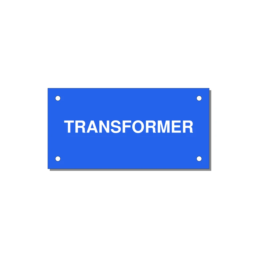 Transformer Label – OEM Power Equipment — 4x2" White on Blue, Holes
