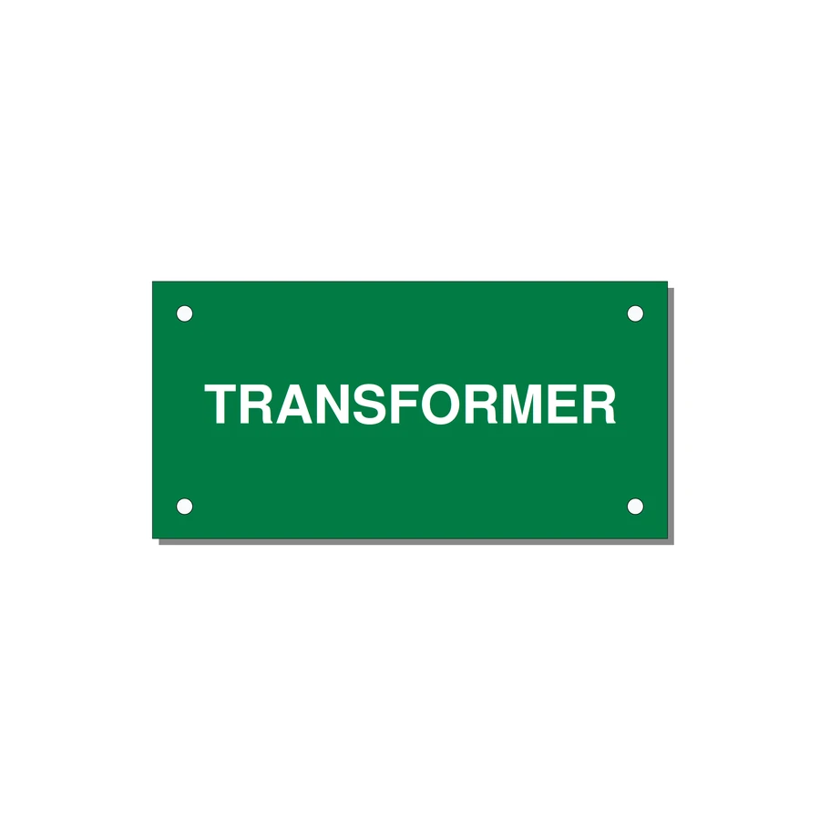 Transformer Label – OEM Power Equipment — 4x2" White on Green, Holes