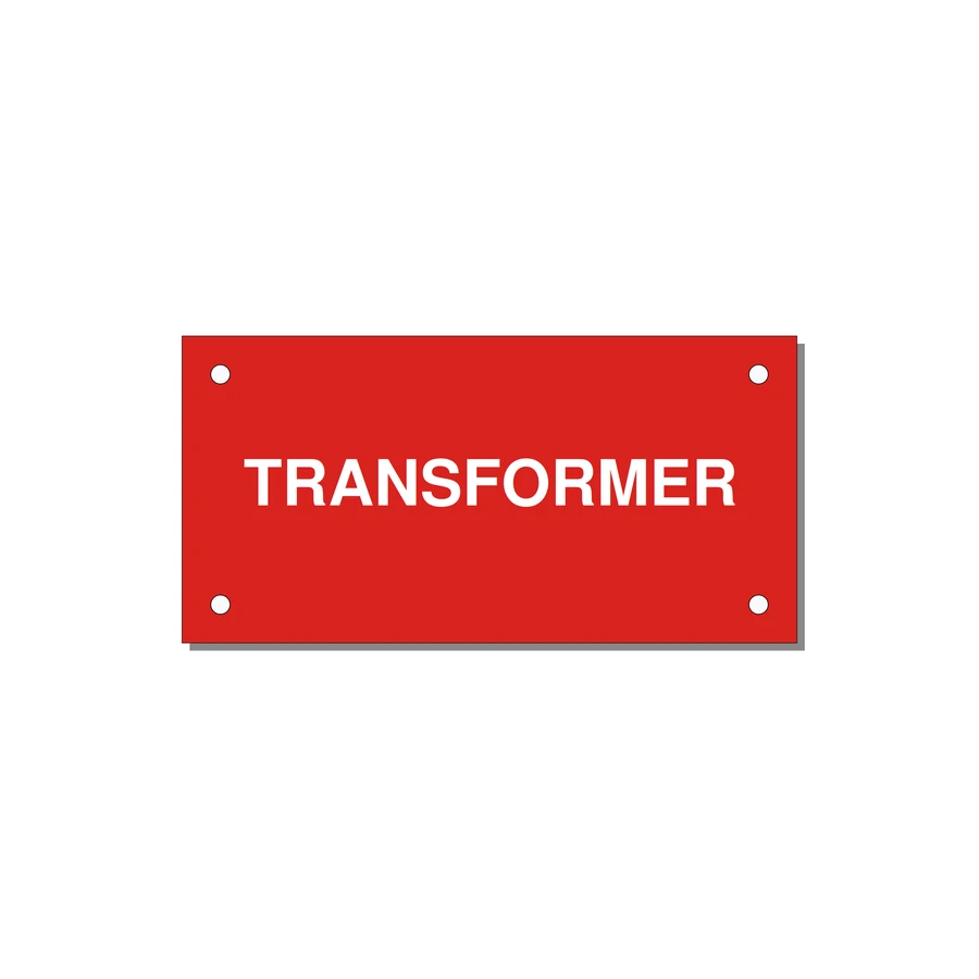 Transformer Label – OEM Power Equipment — 4x2" White on Red, Holes