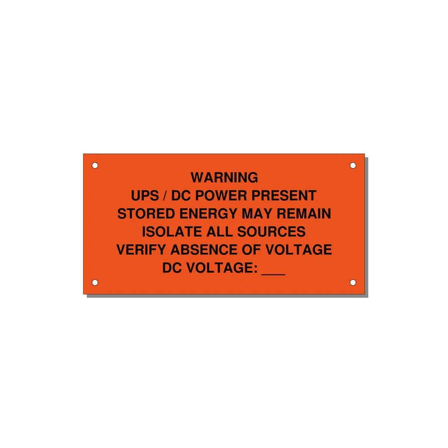 UPS / DC Power Present Label — 6x3" Black on Orange, Holes
