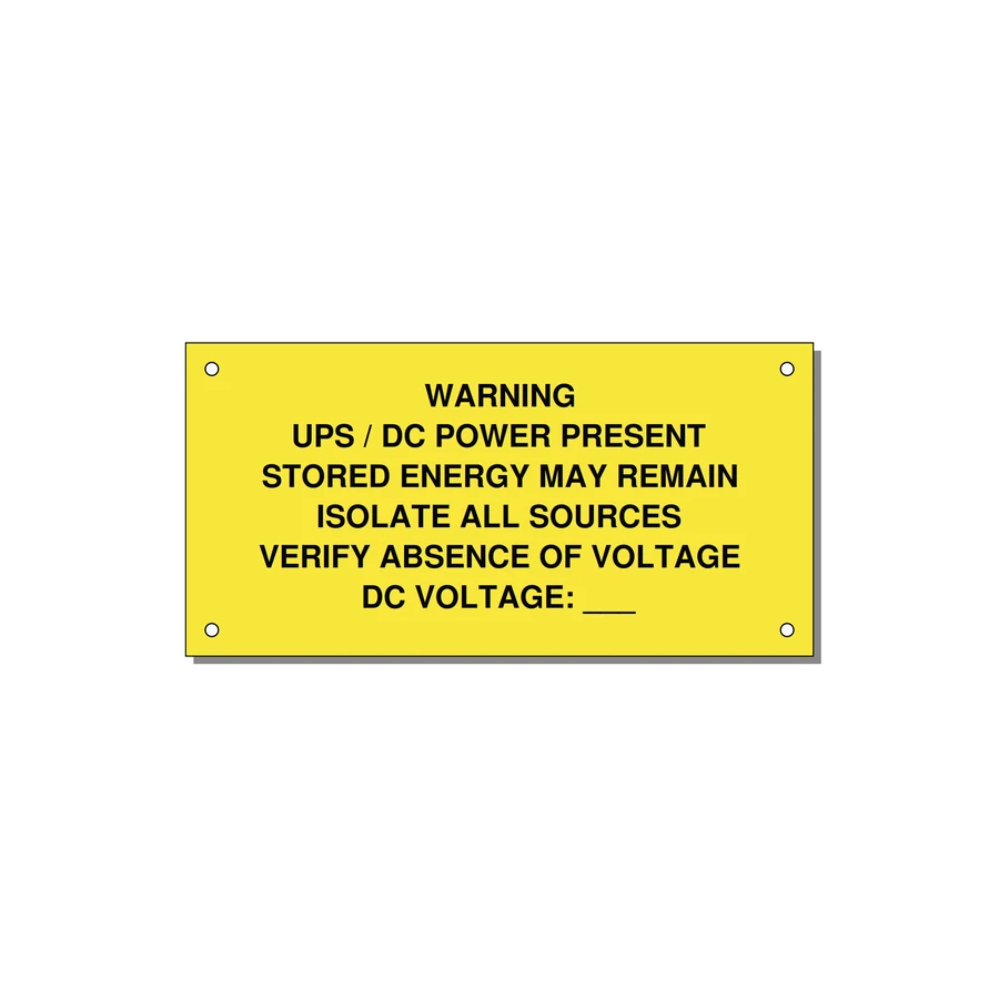 UPS / DC Power Present Label — 6x3" Black on Yellow, Holes