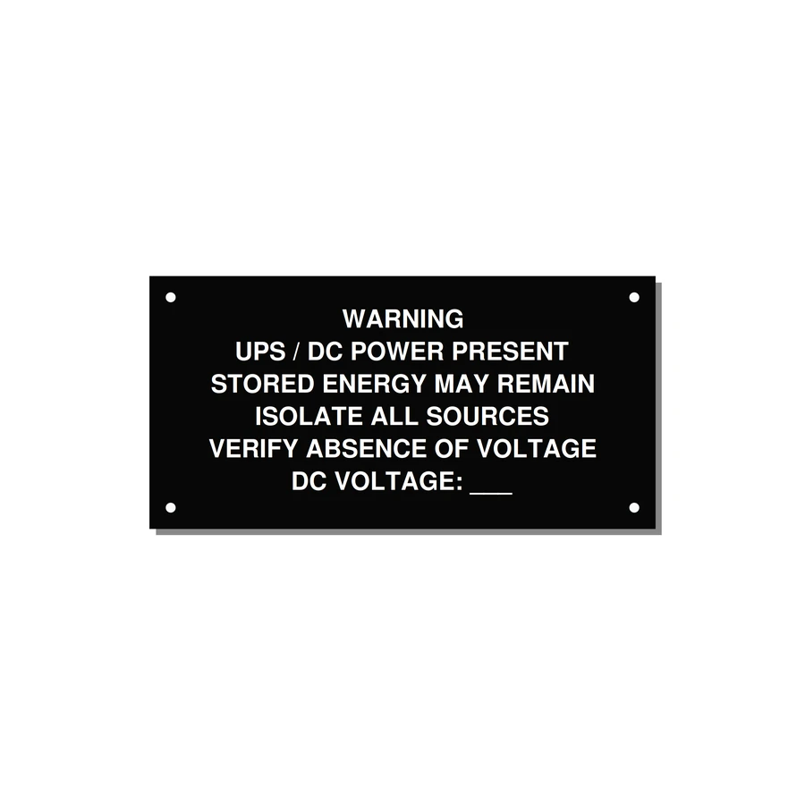 UPS / DC Power Present Label — 6x3" White on Black, Holes
