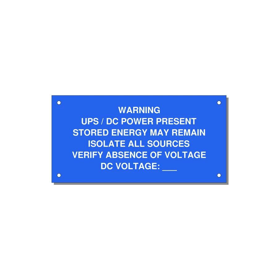 UPS / DC Power Present Label — 6x3" White on Blue, Holes