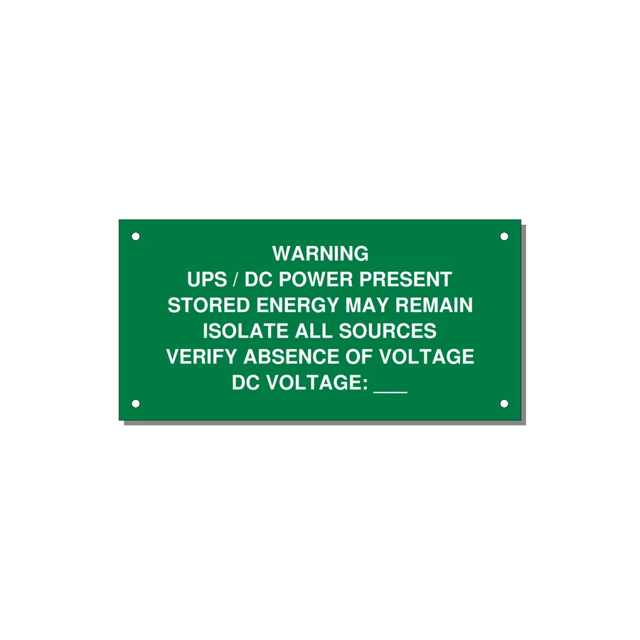 UPS / DC Power Present Label — 6x3" White on Green, Holes