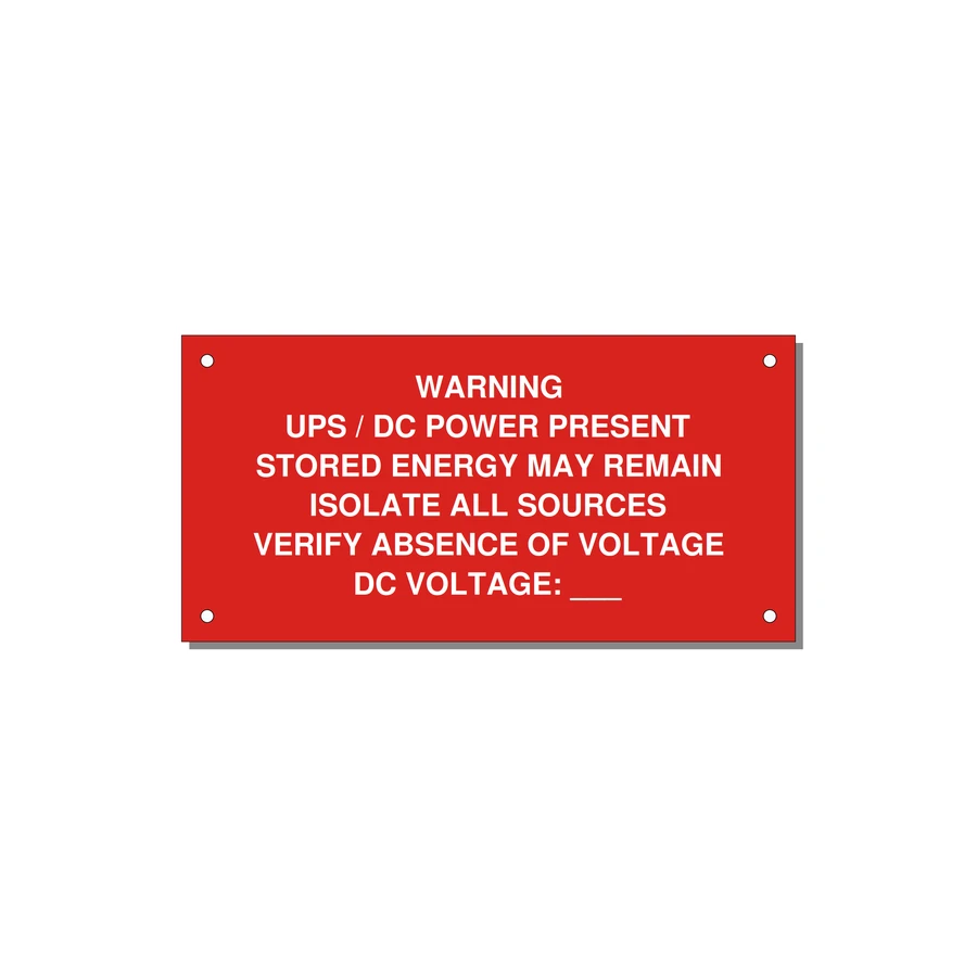UPS / DC Power Present Label — 6x3" White on Red, Holes