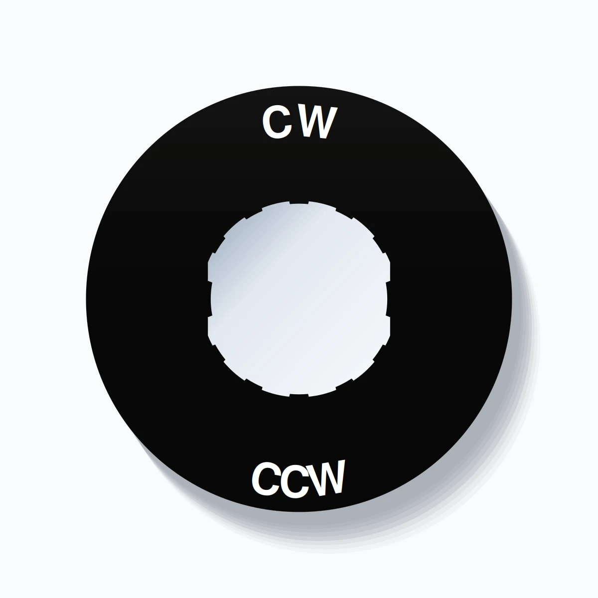 22mm Ring Tag – CW CCW, Single-Line 60mm Round, Schneider Electric Compatible, White on Black