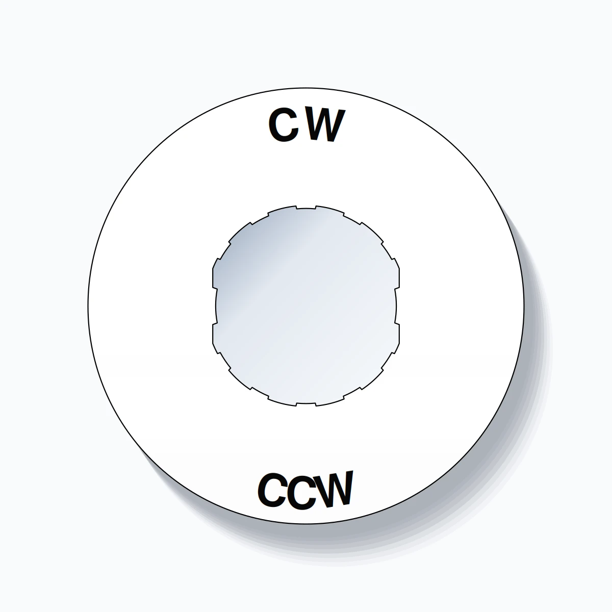 22mm Ring Tag – CW CCW, Single-Line 60mm Round, Schneider Electric Compatible, Black on White