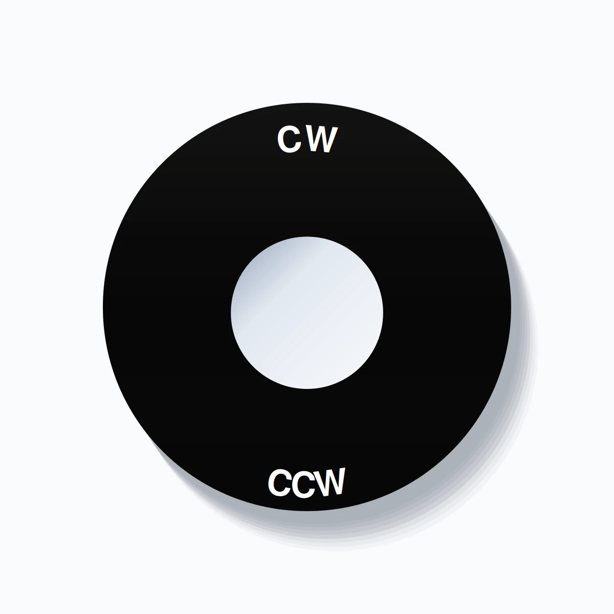 22mm Ring Tag – CW CCW, Single-Line 60mm Round, White on Black