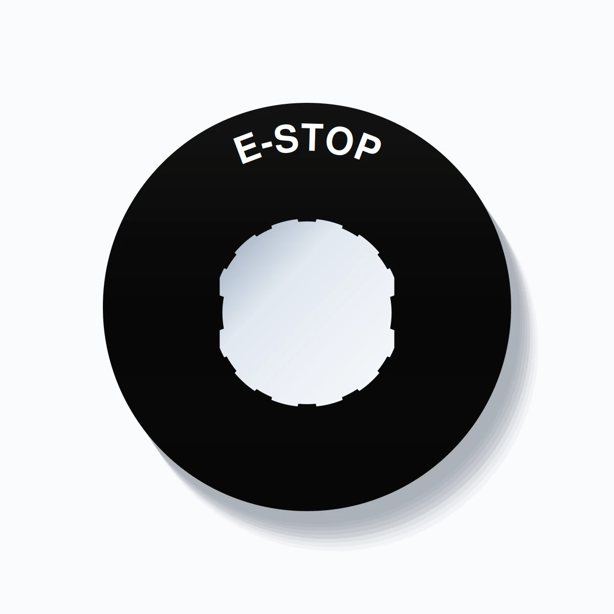 22mm Ring Tag – E-STOP, Single-Line 60mm Round, Schneider Electric Compatible, White on Black